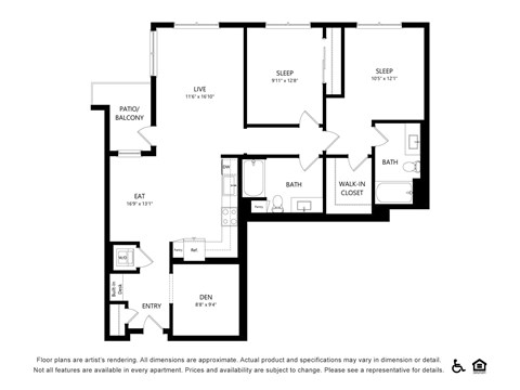 Floor plan for 2 beds, 2 baths, 1264 sqft