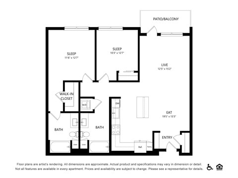 Floor plan for 2 beds, 2 baths, 1119 sqft
