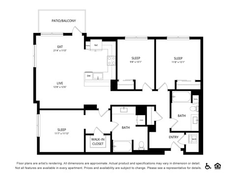 Floor plan for 3 beds, 2 baths, 1358 sqft