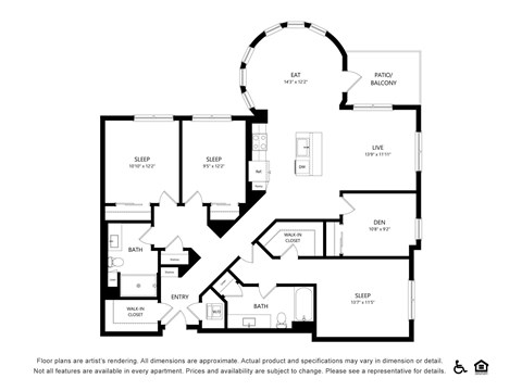 Floor plan for 3 beds, 2 baths, 1438 sqft