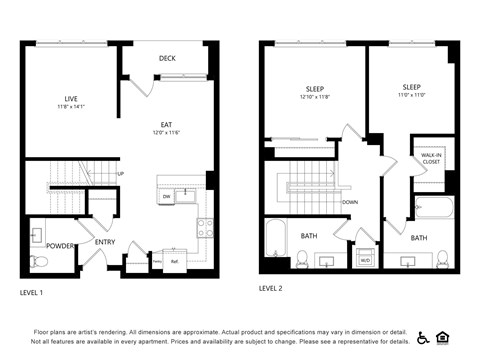 Floor plan for 2 beds, 2.5 baths, 1413 sqft