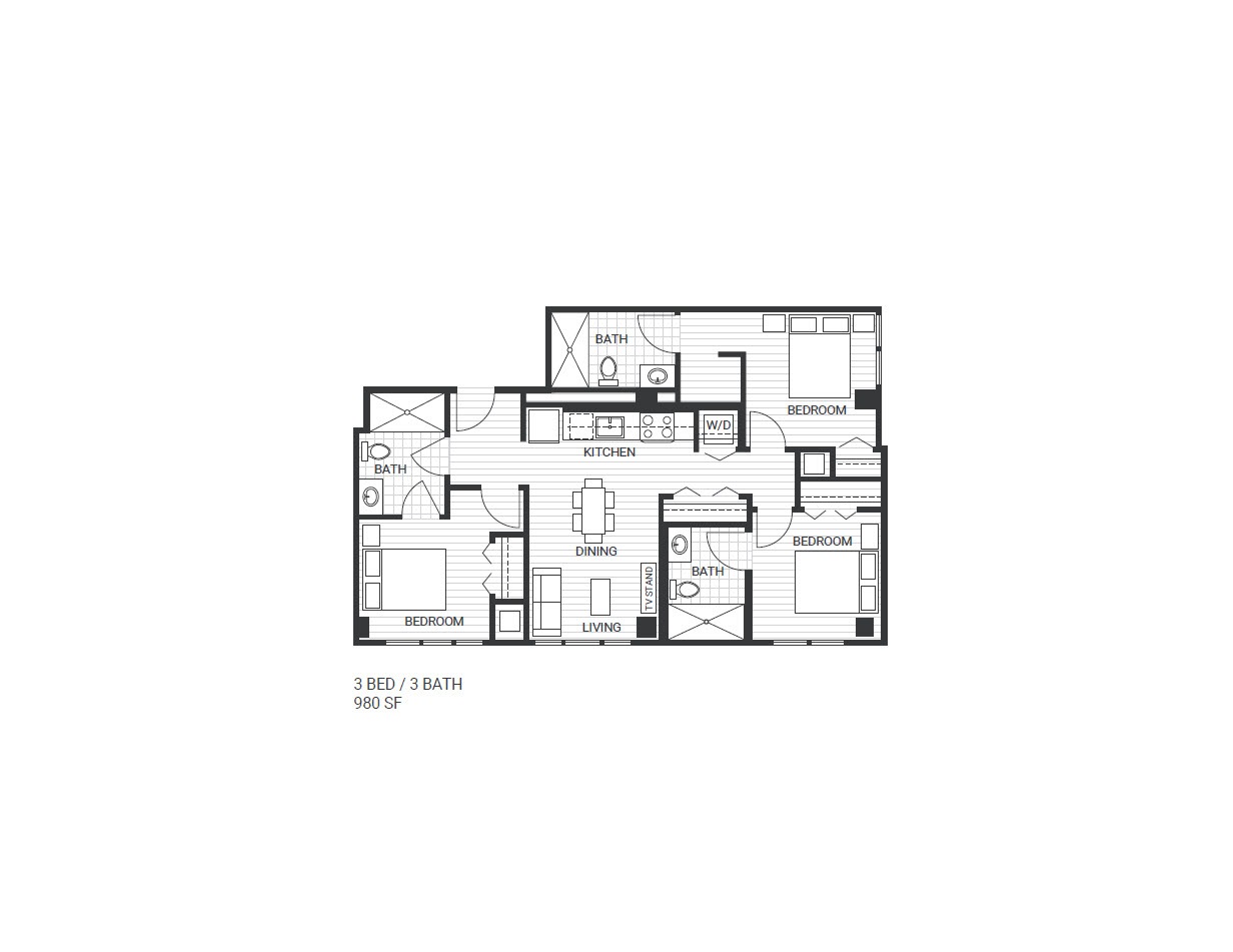 Floor plan for 3 beds, 3 baths, 978 sqft