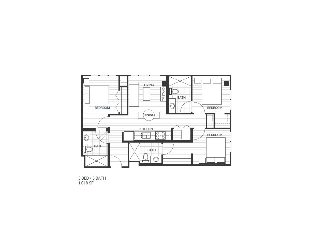 Floor plan for 3 beds, 3 baths, 1018 sqft