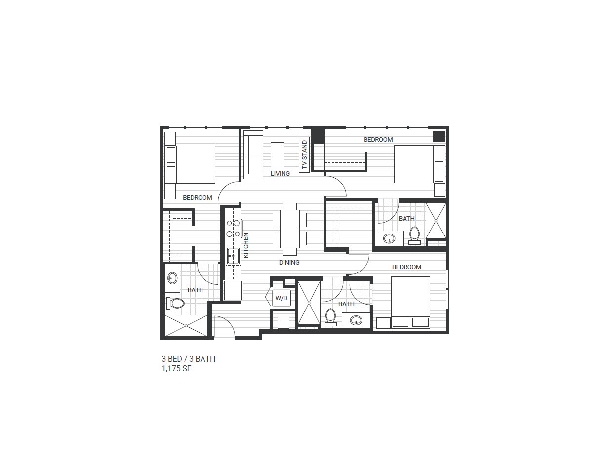 Floor plan for 3 beds, 3 baths, 1174 sqft