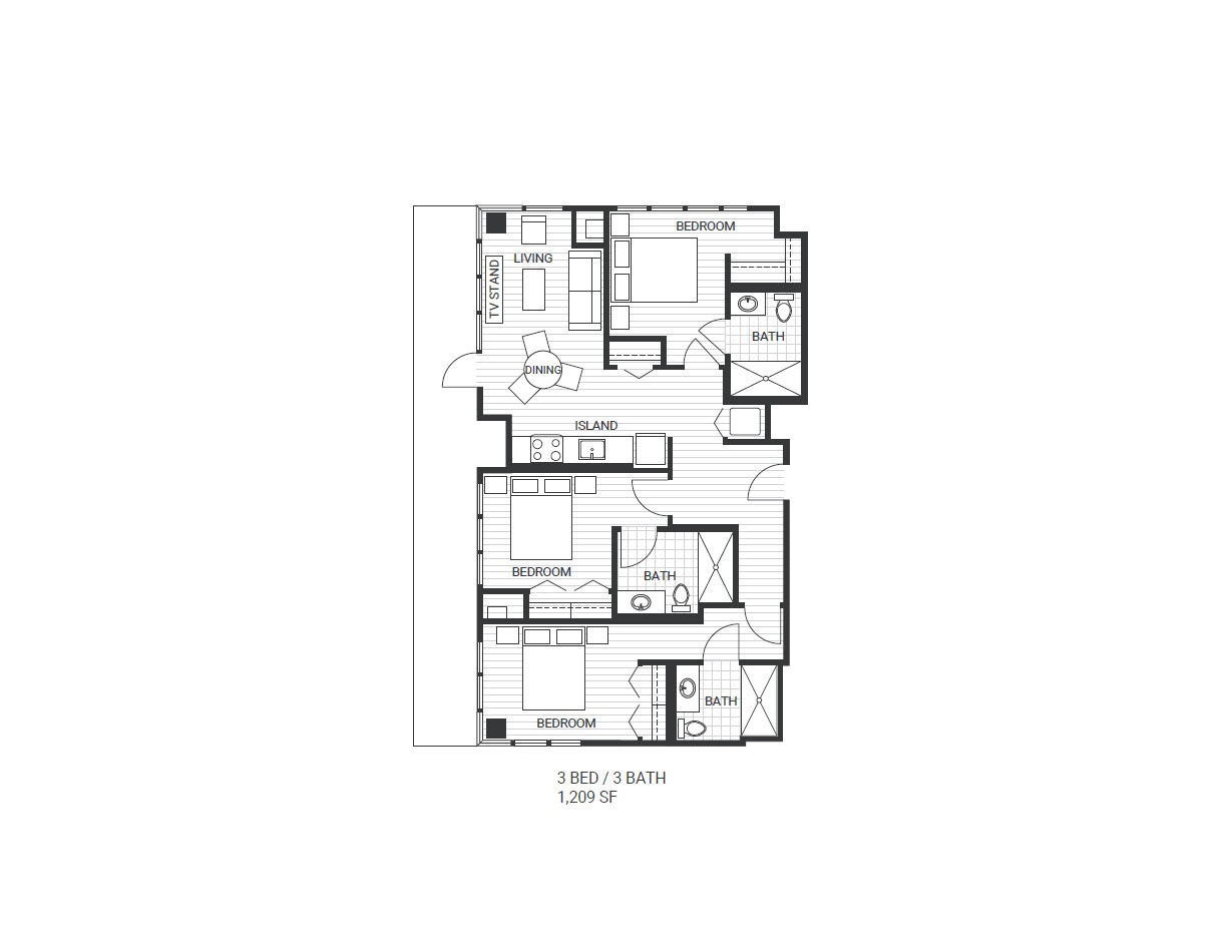 Floor plan for 3 beds, 3 baths, 1209 sqft