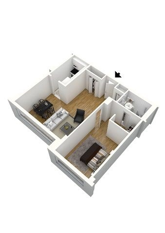 Floor plan for 1 bed, 1 bath, 653 sqft