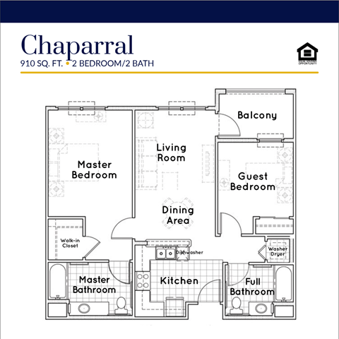 Floor plan for 2 beds, 2 baths, 910 sqft