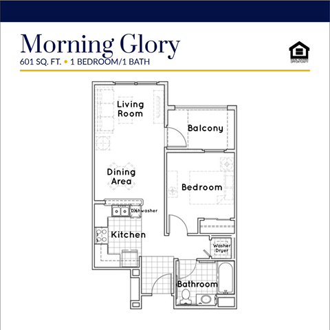 Floor plan for 1 bed, 1 bath, 601 sqft