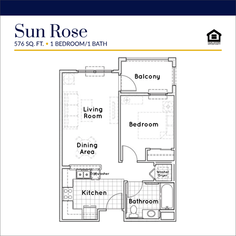 Floor plan for 1 bed, 1 bath, 576 sqft