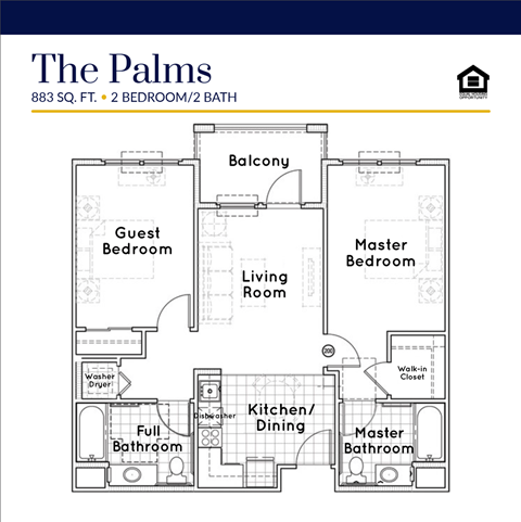Floor plan for 2 beds, 2 baths, 883 sqft