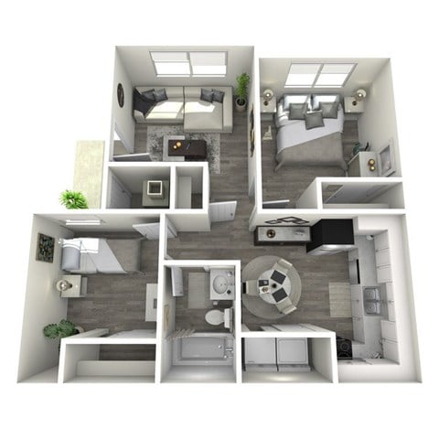 Floor plan for 2 beds, 2 baths, 885 sqft