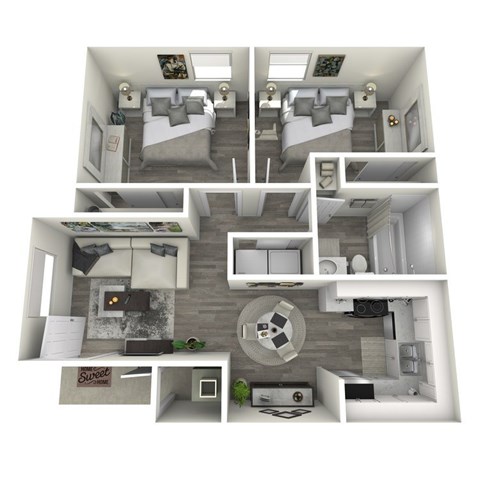Floor plan for 2 beds, 1 bath, 737 sqft
