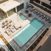 Inglewood apartment for rent - Aerial view of the pool at Sora Apartments, Inglewood, CA, 90302