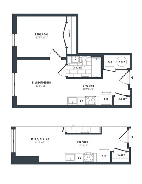 Floor plan for 1 bed, 1 bath, 553 sqft