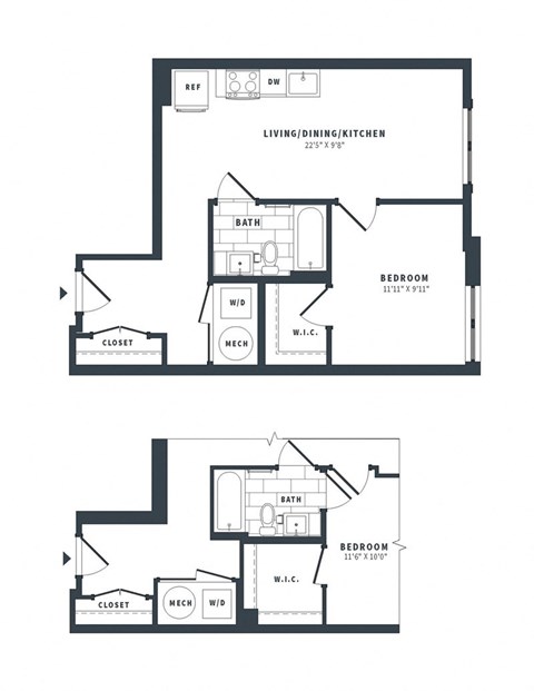 Floor plan for 1 bed, 1 bath, 590 sqft