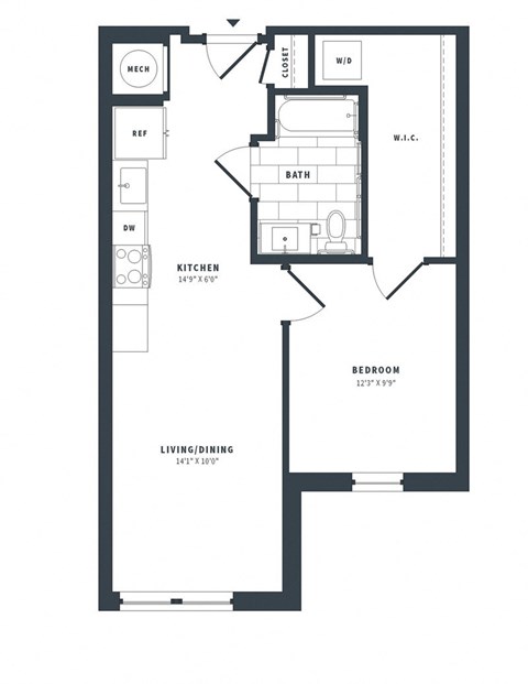 Floor plan for 1 bed, 1 bath, 647 sqft