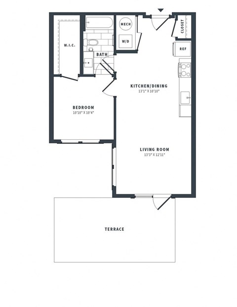 Floor plan for 1 bed, 1 bath, 680 sqft