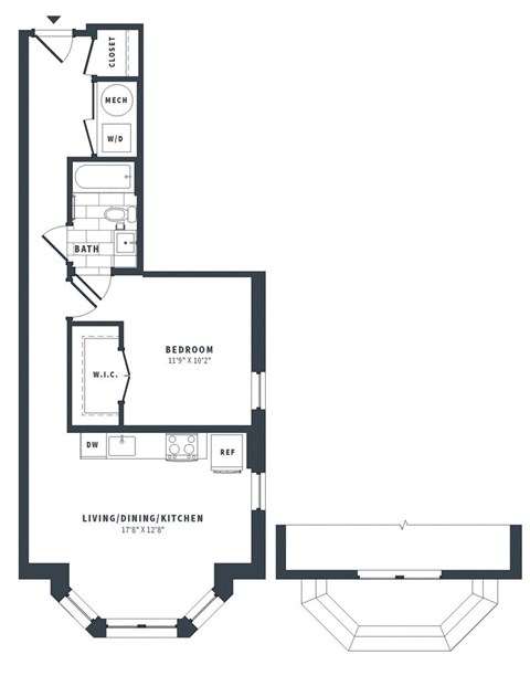 Floor plan for 1 bed, 1 bath, 672 sqft