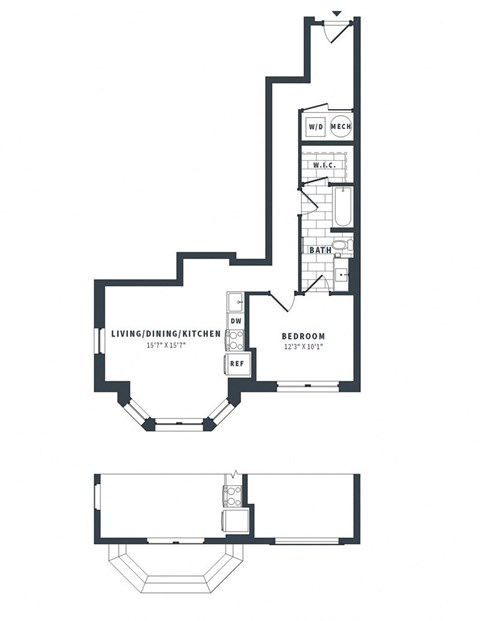 Floor plan for 1 bed, 1 bath, 725 sqft