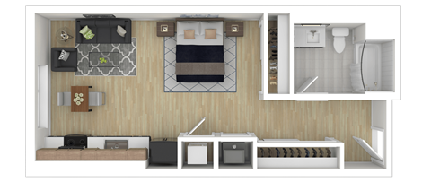 Floor plan for studio, 1 bath, 521 sqft