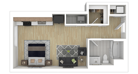 Floor plan for studio, 1 bath, 639 sqft