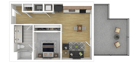 Floor plan for 1 bed, 1 bath, 686 sqft