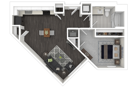 Floor plan for 1 bed, 1 bath, 712 sqft