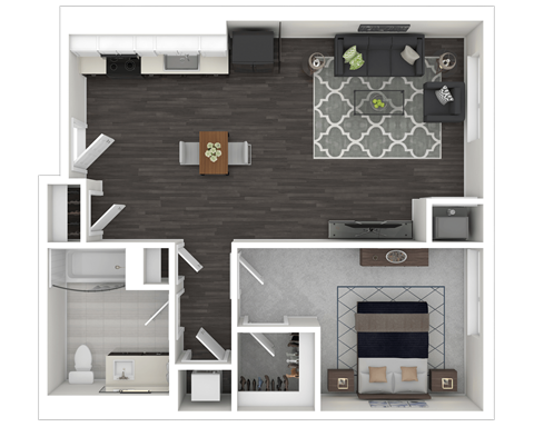 Floor plan for 1 bed, 1 bath, 711 sqft