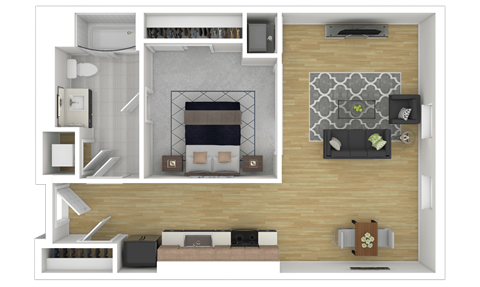Floor plan for 1 bed, 1 bath, 639 sqft