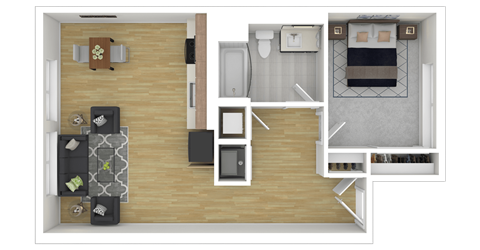 Floor plan for 1 bed, 1 bath, 714 sqft