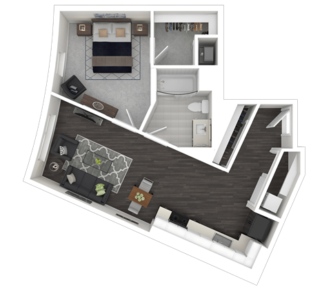 Floor plan for 1 bed, 1 bath, 704 sqft