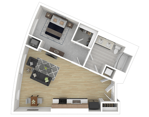 Floor plan for 1 bed, 1 bath, 728 sqft