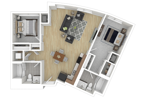 Floor plan for 2 beds, 2 baths, 1071 sqft