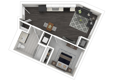 Floor plan for 1 bed, 1 bath, 543 sqft
