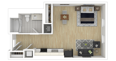 Floor plan for studio, 1 bath, 639 sqft