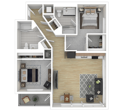 Floor plan for 2 beds, 2 baths, 1087 sqft