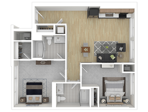 Floor plan for 2 beds, 2 baths, 1053 sqft