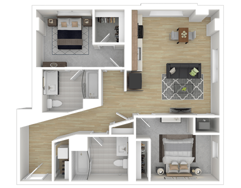 Floor plan for 2 beds, 2 baths, 984 sqft