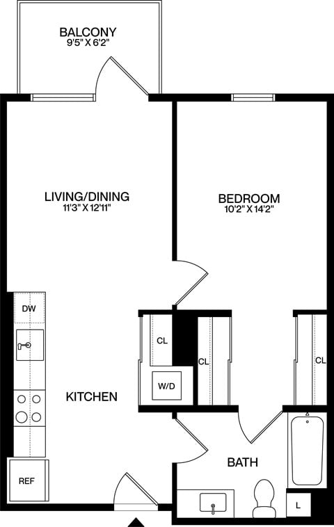 Floor plan for 1 bed, 1 bath, 652 sqft