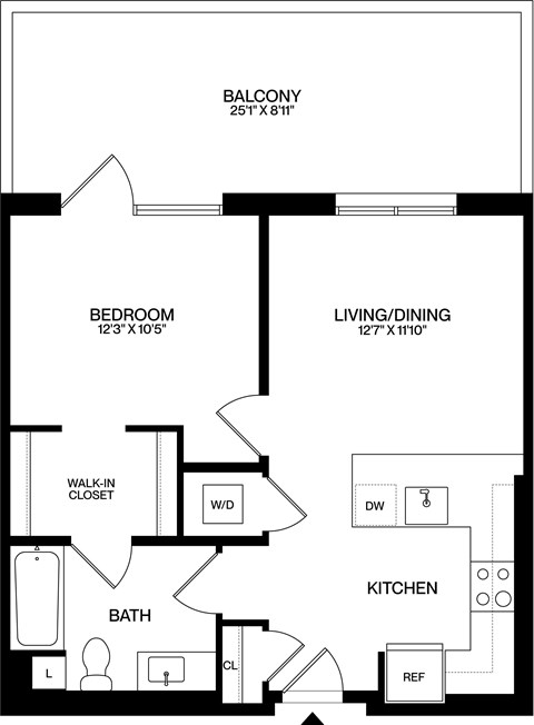 Floor plan for 1 bed, 1 bath, 648 sqft