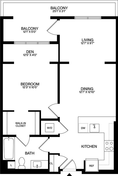 Floor plan for 1 bed, 1 bath, 902 sqft