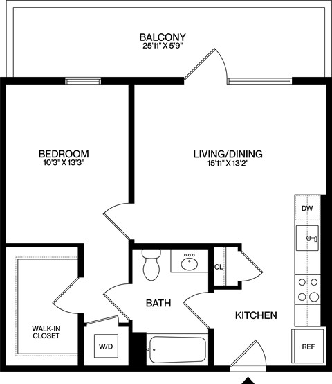 Floor plan for 1 bed, 1 bath, 657 sqft