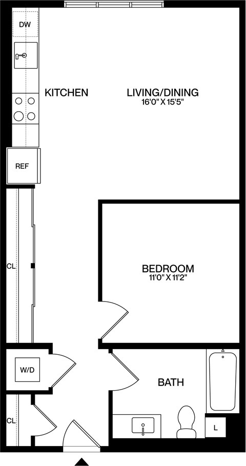 Floor plan for 1 bed, 1 bath, 689 sqft