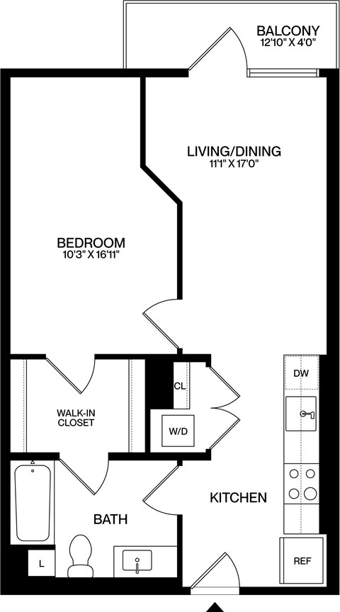 Floor plan for 1 bed, 1 bath, 635 sqft