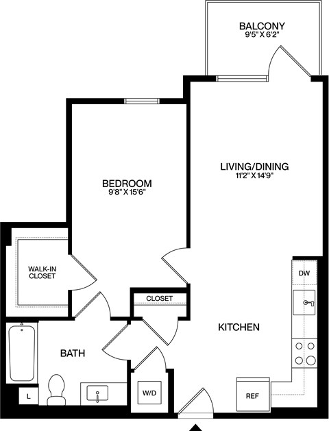 Floor plan for 1 bed, 1 bath, 701 sqft