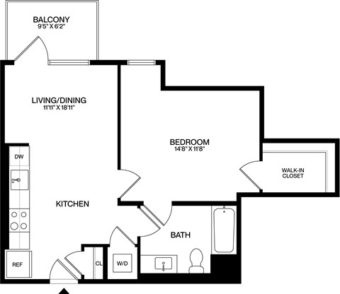 Floor plan for 1 bed, 1 bath, 628 sqft