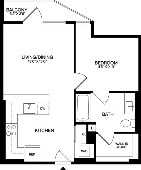 Floor plan for 1 bed, 1 bath, 656 sqft