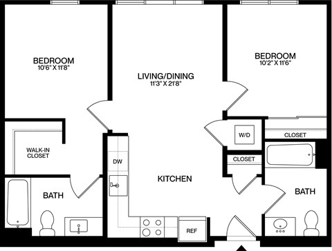 Floor plan for 2 beds, 2 baths, 835 sqft