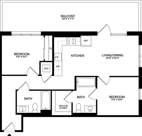 Floor plan for 2 beds, 2 baths, 859 sqft