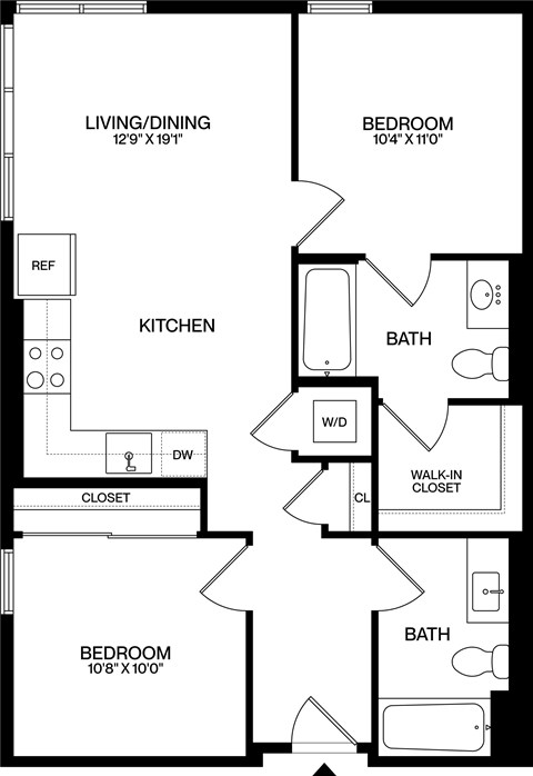 Floor plan for 2 beds, 2 baths, 849 sqft